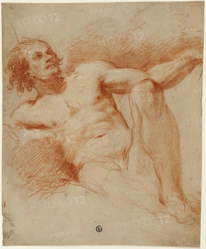 Seated Male Nude, n.d., Unknown Artist, French or Italian, possibly Bolognese, 18th century, France, Red chalk, with stumping, on tan laid paper, 369 × 304 mm