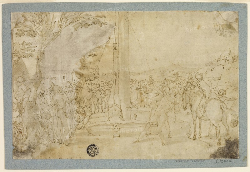 Martyrdom of Saint Peter, 1598/99, Andrea Boscoli, Italian, c. 1560-1608, Italy, Pen and brown ink, with brush and gray wash, over traces of black chalk, on ivory laid paper, tipped on to light blue laid paper, 124 x 189 mm