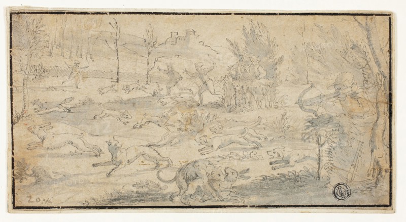 Hunting Scene, n.d., Attributed to Jacob Züberlein, German, 1556-1607, Germany, Pen and black ink, with brush and gray wash, on tan laid paper, laid down on cream laid paper, 111 x 212 mm