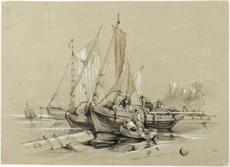 Harbor with Cutters, 1841, Eugène Blery, French, 1805-1887, Eduard Julius Friedrich Bendemann (?), German, 1811-1889, France, Black crayon, with brush and watercolor, heightened with white gouache, on gray wove paper, 185 × 257 mm