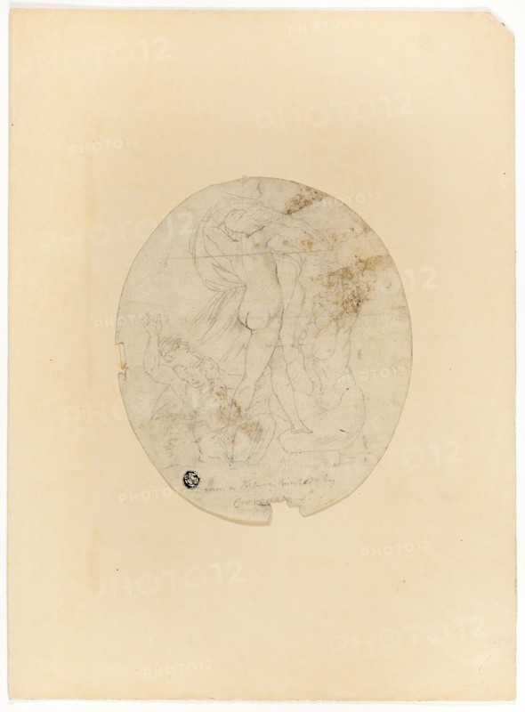 Three Nude Figures, n.d., Possibly by John Brown (Scottish, 1752-1787), after Correggio (Italian, 1489/94-1534), United Kingdom, Graphite on oval-shaped ivory laid paper, 191 x 163 mm (max.)