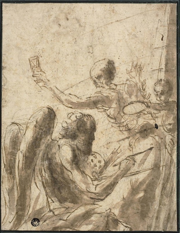 Allegory of Time and Fame, n.d., Attributed to Baccio del Bianco, Italian, 1604-1656, Italy, Pen and brown ink, with brush and brown wash, over black chalk, on cream laid paper, laid down on green tinted wove paper, 265 x 205 mm