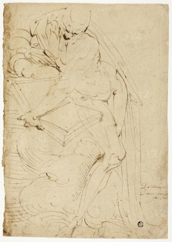 Standing Male Nude (Saint Jerome?) with Book, 1550s, Luca Cambiaso, Italian, 1527-1585, Italy, Pen and brown ink on buff laid paper, 407 x 285 mm (max.)