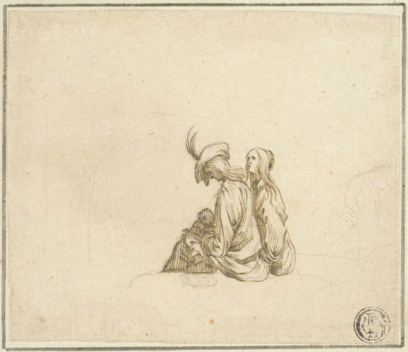 Two Gypsy Women with Child, n.d., Attributed to Stefano della Bella (Italian, 1610-1664), or after Jacques Callot (French, 1592-1635), France, Pen and brown ink, with graphite, on ivory laid paper, laid down on cream laid paper, 94 × 111 mm