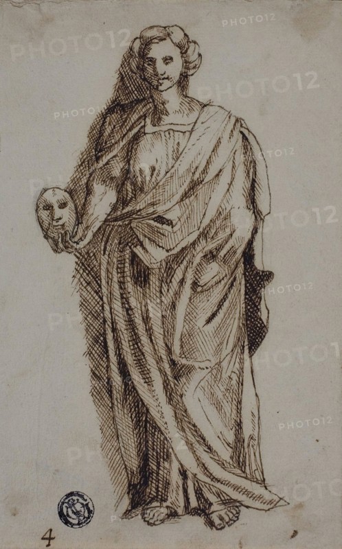 Melpomene, n.d., Possibly after Polidoro Caldara, called Polidoro da Caravaggio, Italian, c. 1499-c. 1543, Italy, Pen and brown ink, on ivory laid paper, tipped onto cream laid paper, 155 x 99 mm