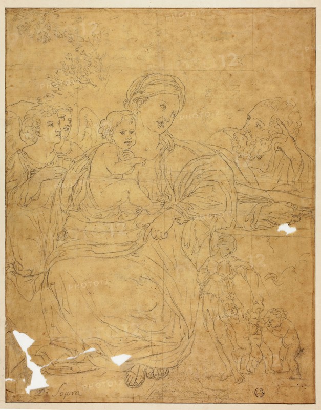 Holy Family with Two Angels, 1609/10, Francesco Albani, after, Italian, 1578-1660, Italy, Graphite on tan laid paper, squared in graphite, edge mounted on cream wove card, 389 x 304 mm