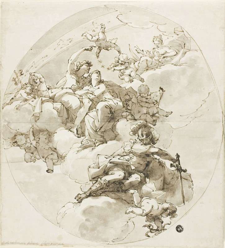Ceiling with Bacchus, Ariadne, Diana and Minerva, 1795/1800, Attributed to Filippo Pedrini (Italian, 1763-1856), or Ubaldo Gandolfi (Italian, 1728-1781), Italy, Pen and brown ink, with brush and brown and gray wash, over graphite, on ivory laid paper, laid down on ivory laid paper, 337 x 308 mm