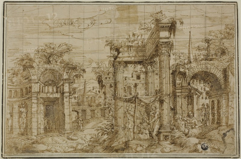 Ruins of Roman Forum, with Figures, c. 1550, Giovanni Battista Pittoni the Elder, called Battista Vicentino, Italian, 1520-1583, Italy, Pen and brown ink on buff laid paper, squared in graphite, laid down on ivory laid paper, 204 x 314 mm (max.)