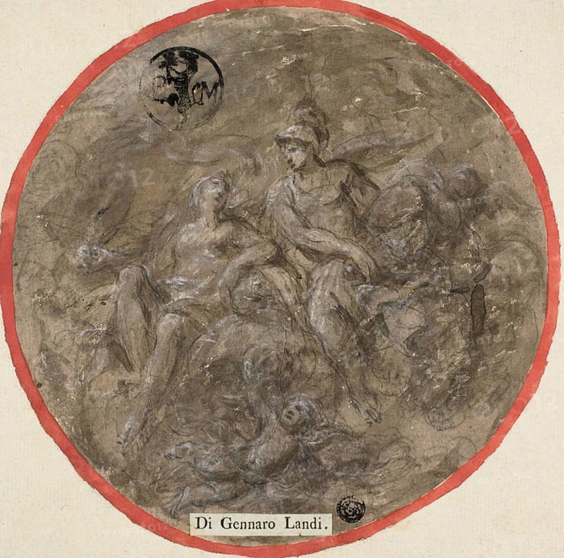 Mars, Venus and Cupid, 17th century, Attributed to Gennaro Landi, Italian, active 17th century, Italy, Brush and brown wash, over black chalk, heightened with white gouache, on ivory laid paper, laid down on ivory laid paper, 197 x 196 mm