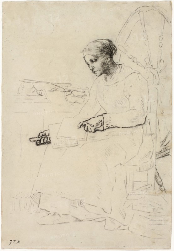 The Wool Carder (recto), Fragmentary Sketch of Man Standing by Fence (verso), 1857/58, Jean François Millet, French, 1814-1875, France, Black chalk (recto) and red chalk (verso) on ivory wove paper, 259 × 177 mm