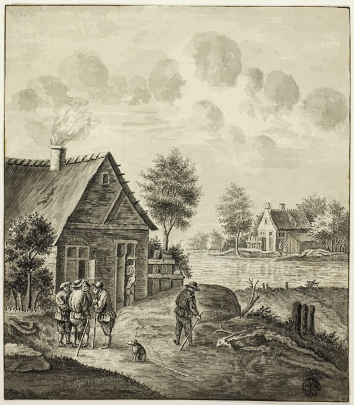 Men Conversing Outside House Beside Canal, after 1758, After Isaac van Ketweg, Dutch, c. 1732-1787, Holland, Pen and black ink and brush and gray wash, over graphite, on ivory laid paper, 206 × 180 mm