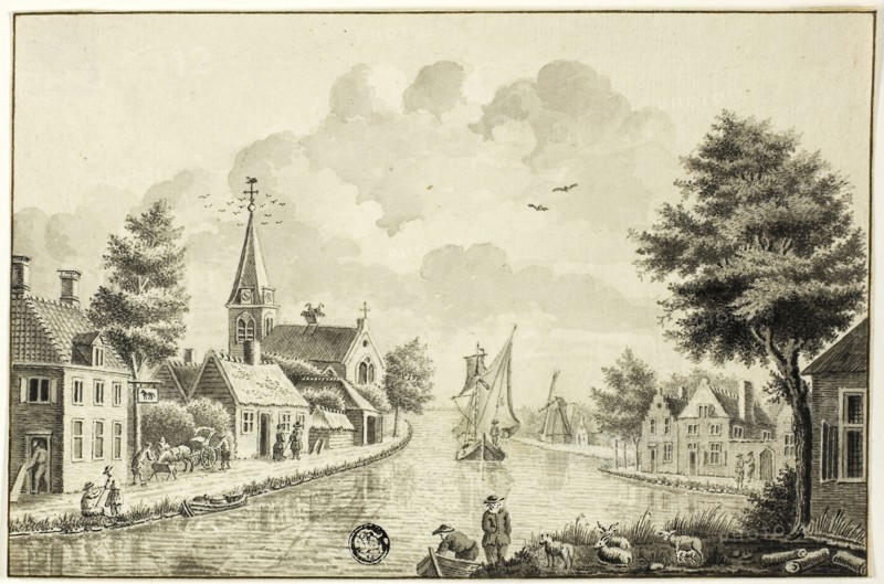 Old Dutch Town on Canal, after 1738, After Isaac van Ketweg, Dutch, c. 1732-1787, Holland, Pen and black ink and brush and gray wash on ivory laid paper, 143 × 218 mm