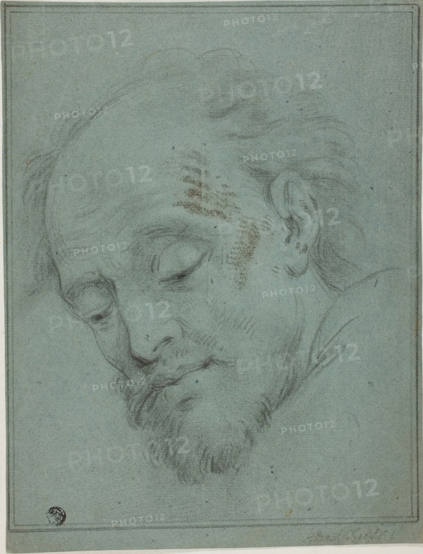 Male Head Looking Down, n.d., Unknown artist, possibly Italian, 17th century, Italy, Black crayon, heightened with lead white (discolored), on blue laid paper, 285 × 219 mm