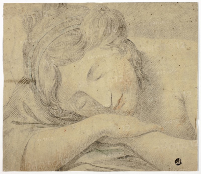 Sleeping Woman With Head on Arms, n.d., Unknown artist, possibly German, 18th century, Germany, Charcoal, with red and green and blue chalk, on tan wove paper, 235 × 271 mm