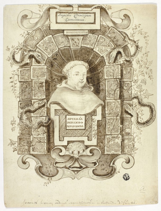 Bust Portrait of Carmelite Monk in Niche, n.d., Johannes Lanoy, Flemish, 18th century, Flanders, Pen and brown ink, with brush and brown wash and pen and black ink, on cream laid paper cut-out, on cream laid paper, 283 × 216 mm