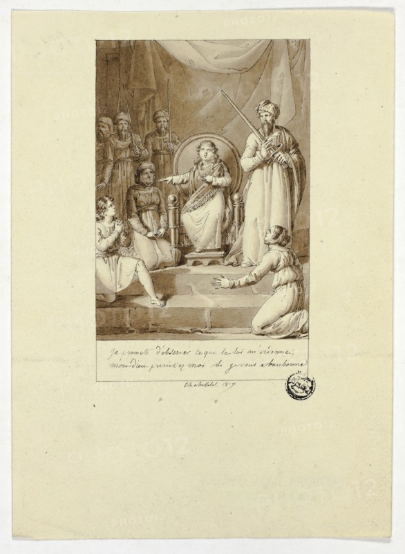 Scene from Racine’s Athalie, 1817, Charles Abraham Chasselat, French, 1782-1843, France, Pen and black ink and brush and brown wash on cream wove paper, 179 × 130 mm