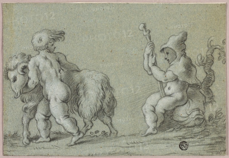 Putti as Goatherds, n.d., Unknown artist, possibly Flemish, 18th century, Flanders, Black and white chalk on blue laid paper, laid down on ivory laid paper, 164 × 240 mm