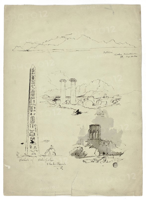 Sketches of Patmos, Sardis, Obelisk of Heliopolis, n.d., Unknown artist, possibly British, 19th century, United Kingdom, Pen and black ink, with touches of brush and gray wash, on green wove paper, 380 × 278 mm