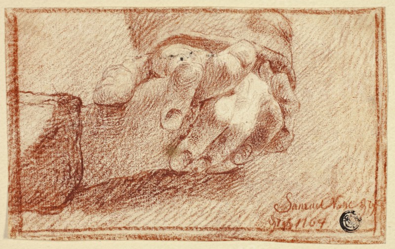 Folded Hands, n.d., Unknown artist, possibly French, 18th century, France, Red chalk on cream laid paper, tipped on cream wove paper, 110 × 177 mm