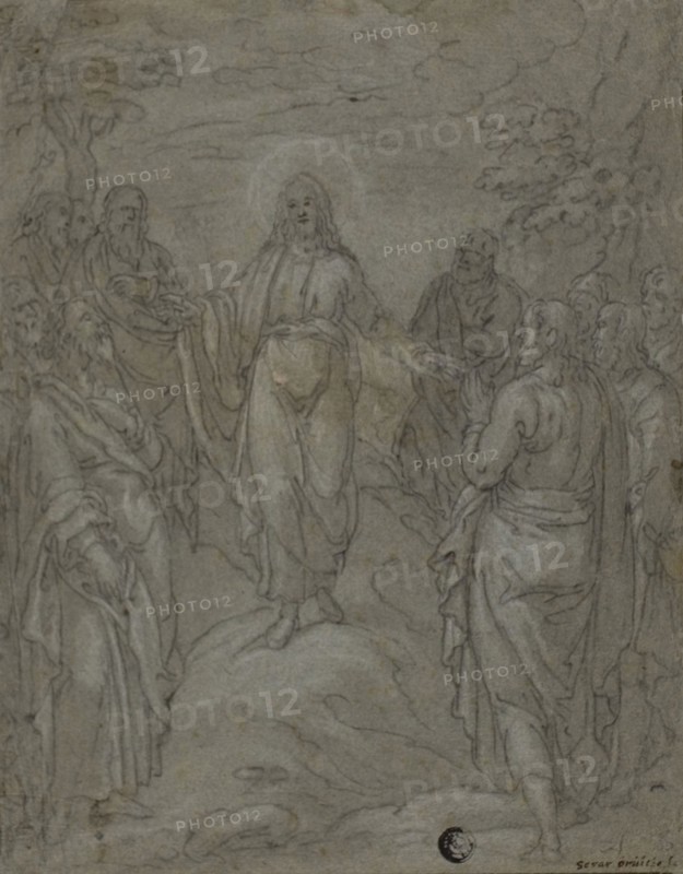 Christ and the Apostles (recto), Sketch of a Nativity Scene (verso), n.d., Unknown Artist, Italian, Late 16th century, Italy, Black chalk heightened with white chalk (recto), and black chalk (verso), on blue laid paper, 250 x 195 mm