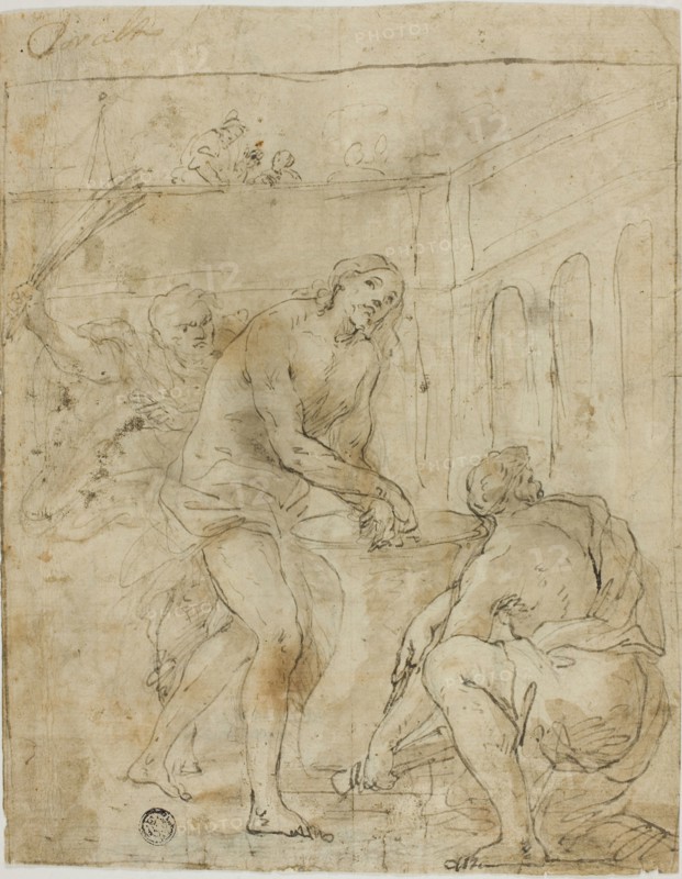 Flagellation of Christ, n.d., Attributed to Lorenzo Garbieri (Italian, 1580-1654), or possibly after Andrea Sacchi (Italian 1599-1661), Italy, Pen and brown ink, with brush and brown wash, over black chalk, on cream laid paper, 238 × 188 mm