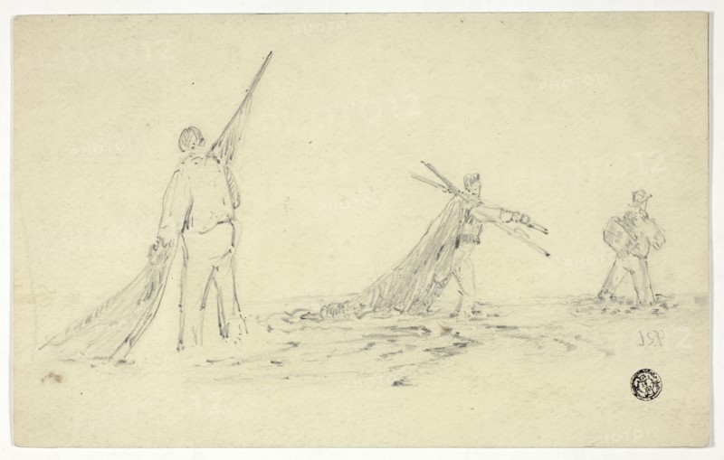 Men Carrying Nets, n.d., Attributed to John Skinner Prout, English, 1806-1876, England, Graphite on cream wove paper, 142 × 226 mm