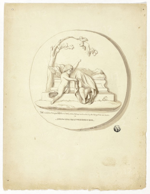 Medallion with Two Putti Beside Tomb, n.d., Unknown artist, possibly British, 19th century, United Kingdom, Pen and brown ink, with brush and brown wash, over touches of graphite, on cream wove paper, 265 × 204 mm