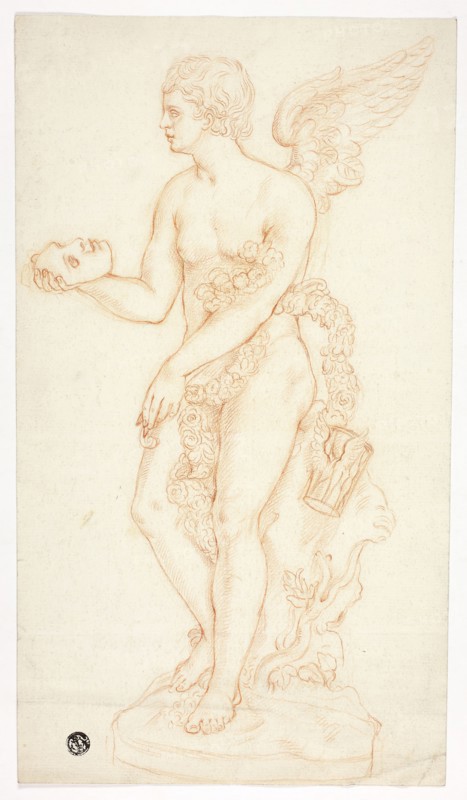 Statue of Cupid, n.d., Unknown artist, possibly 18th century, Unknown Place, Red chalk on ivory laid paper, 332 × 191 mm