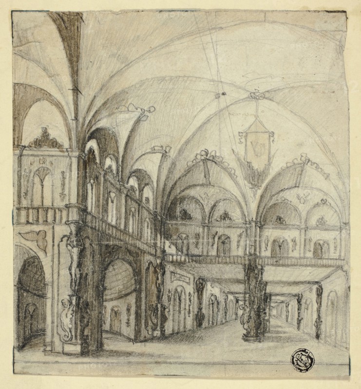 Fantastic Interior, n.d., Unknown artist, possibly 19th century, Unknown Place, Graphite, with brush and pale brown wash, on cream wove paper, tipped on tan wove card, 157 × 145 mm
