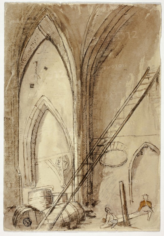 Teetertotter in Church Building, n.d., Unknown artist, possibly British, 19th century, United Kingdom, Pen and brown ink, with brush and brown, pink and orange wash, over graphite, on cream wove  paper, 258 × 177 mm