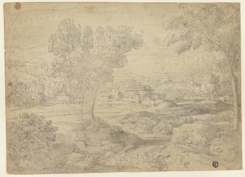 Italianate Landscape with Buildings, n.d., Follower of Nicolas Poussin, French, 1594-1665, France, Pen and black ink and brush and gray wash on tan laid paper, 277 × 380 mm