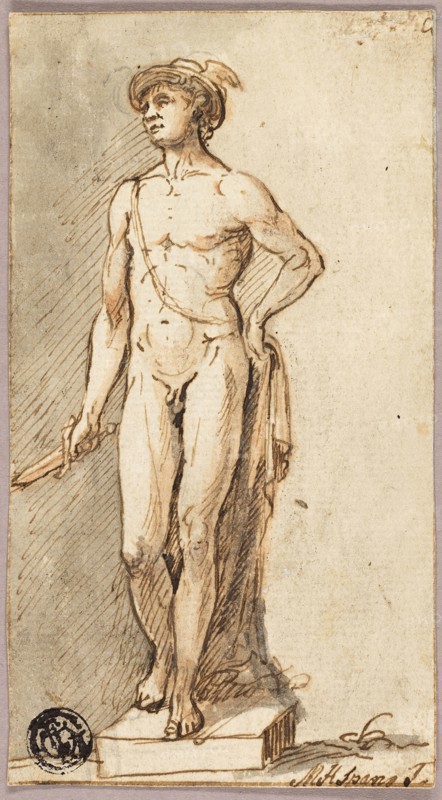 Statue of Mercury, n.d., Michael Henry Spang, Danish, active 1750-1767, Denmark, Pen and brown ink, with brush and gray and orange wash, over traces of graphite, on cream laid paper, laid down on blue laid paper, 120 × 66 mm