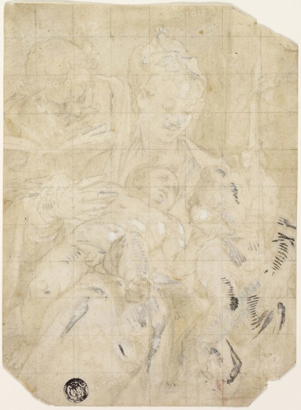 Holy Family with the Infant Saint John the Baptist, 1580/85, Denys Calvaert, Flemish, c. 1540-1619, Italy, Black chalk and brush and pale brown wash, heightened with lead white (partially discolored), on ivory laid paper, tipped onto ivory laid paper, 168 × 123 mm