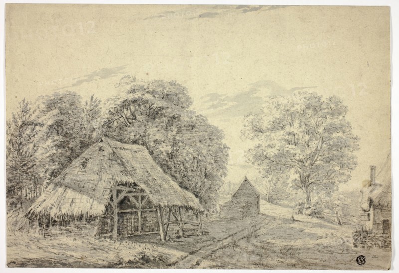 Thatched Shed on Farm, n.d., Unknown artist, possibly 19th century, Unknown Place, Charcoal, with brush and gray wash, touches of pen and black ink, and traces of graphite, on cream laid paper, 271 × 397 mm
