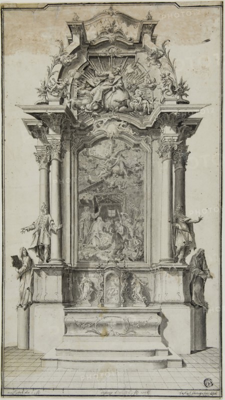 Study for an Altar Containing a Painting of the Adoration of the Shepherds, 1767, Carl Joseph Haringer, Austrian, 18th century, Austria, Pen and black and gray ink and brush and gray wash on ivory laid paper, laid down on ivory wove paper, 450 × 228 mm