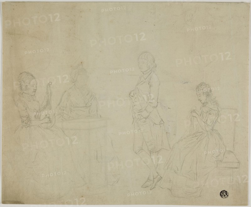 Sketch of Family Group with Three Seated Women and Young Man Standing, 18th century, Unknown German Artist, or possibly Johann Friedrich August Tischbein (German, 1750-1812), Germany, Graphite on cream laid paper, 246 × 301 mm