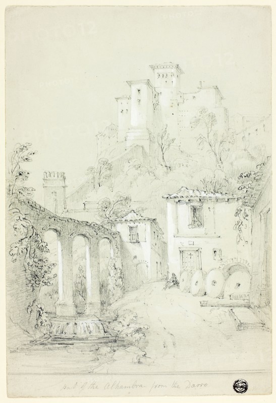Port of the Alhambra from the Dario, n.d., possibly Richard Ford (English, 1796-1858), possibly after Frederick Christian Lewis (English, 1779-1856), England, Graphite, heightened with white gouache, on gray wove paper, 265 × 180 mm