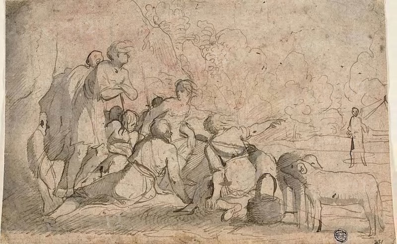 Group of Shepherds and a Ram, n.d., Follower of Pietro Testa, Italian, 1611/12-1650, Italy, Pen and brown ink with brush and gray wash, on buff laid paper, laid down on Japanese paper, 179 × 280 mm