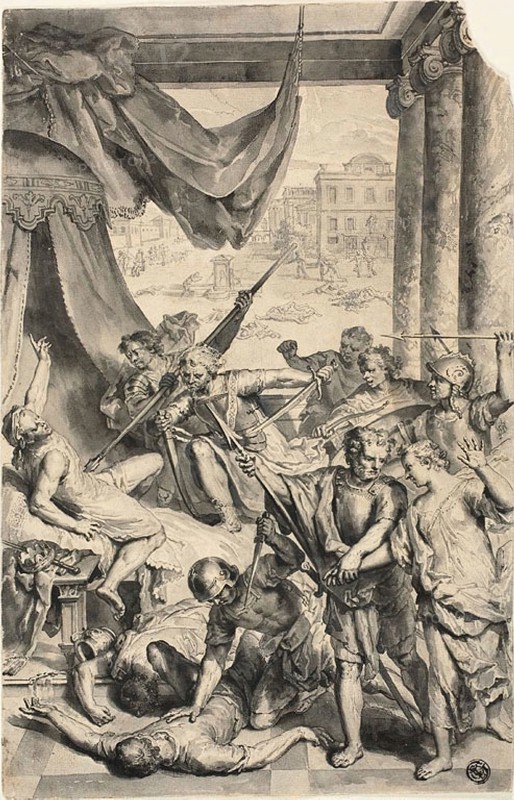 Study for Simeon and Levi Slay the Sichemites, from Figures de la Bible, c. 1728, Gerard Hoet, I, Dutch, 1648-1733, Holland, Pen and black ink, with brush and gray wash, on ivory laid paper, 328 × 212 mm