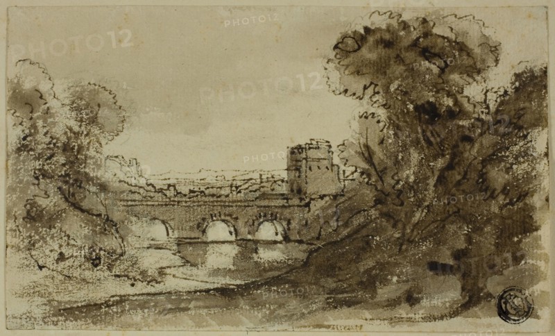 Italianate River Landscape with Bridge with Tower, n.d., Possibly after Claude Lorrain (French, 1600-1682), or possibly attributed to Gaspar van Wittel (Flemish, 1652/3-1736), or in the style of Richard Wilson (English, 1714-1782), France, Pen and brown ink and brush and brown wash, over graphite, on cream laid paper, tipped on to cream card, 88 × 148 mm
