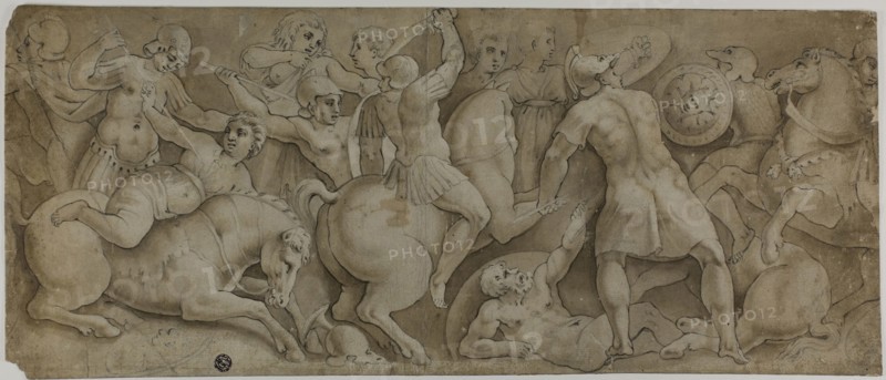 Battle of the Amazons, n.d., After Polidoro Caldara, called Polidoro da Caravaggio, Italian, c. 1499-c. 1543, Italy, Black chalk with brush and brown wash, on ivory laid paper, laid down on tan wove paper, 219 x 512 mm