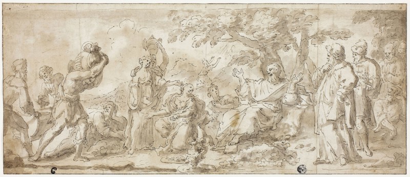 Israelites in the Wilderness, n.d., Unknown Artist (Italian, possibly Neopolitan, 18th century), or possibly Fidele Fischetti (Italian, 1734-1789), Italy, Pen and brown ink, with brush and gray brown wash, over traces of graphite, on ivory laid paper, 178 x 416 mm