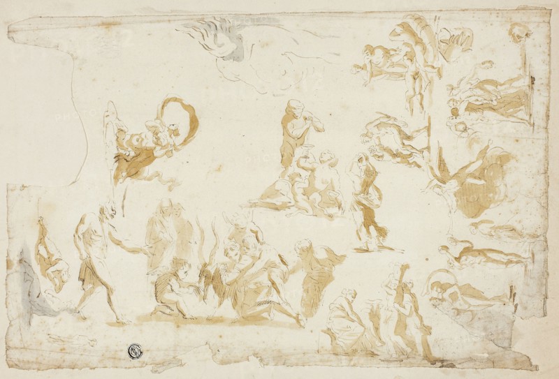 Sketches of Mythological Subjects, n.d., Giovanni Battista Cipriani, Italian, 1727-1785, Italy, Pen and brown ink with brush and brown wash, and touches of gray wash, on ivory laid paper, laid down on buff wove card, 227 x 352 mm