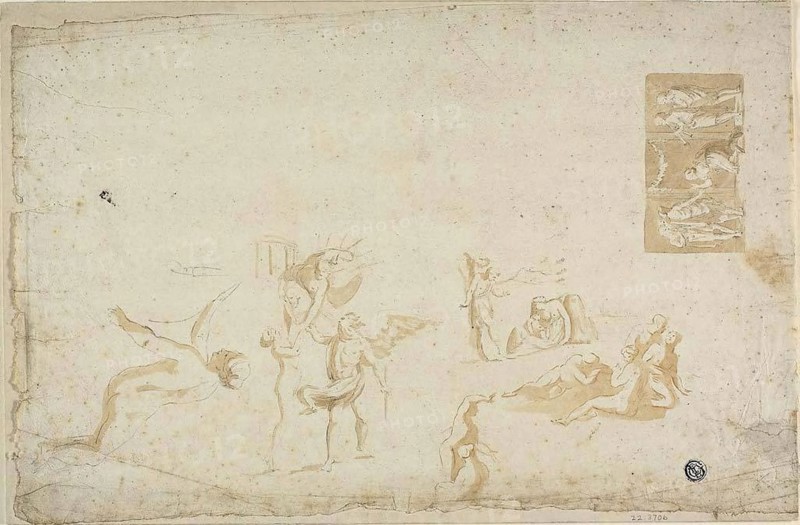Sketches of Mythological Subjects, n.d., Giovanni Battista Cipriani, Italian, 1727-1785, Italy, Pen and brown ink with brush and brown wash, with graphite, on ivory laid paper, tipped onto buff wove card, 229 x 351 mm