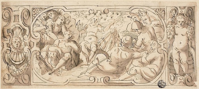 Design for Decorative Frieze with Joseph Interpreting His Dream to His Brothers, n.d., Circle of Giovanni Battista Castello, called Il Bergamasco, Italian, c. 1509-1569, Italy, Pen and brown ink with brush and brown wash, over traces of graphite, on cream laid paper, laid down on cream laid paper, 106 x 237 mm
