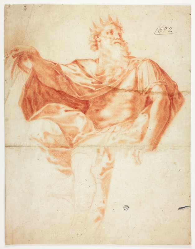 Study for King David, with Harp and Psalm Book, after 1621, after Guido Reni, Italian, 1575-1642, Italy, Red chalk, with stumping, on cream laid paper, 440 x 342 mm