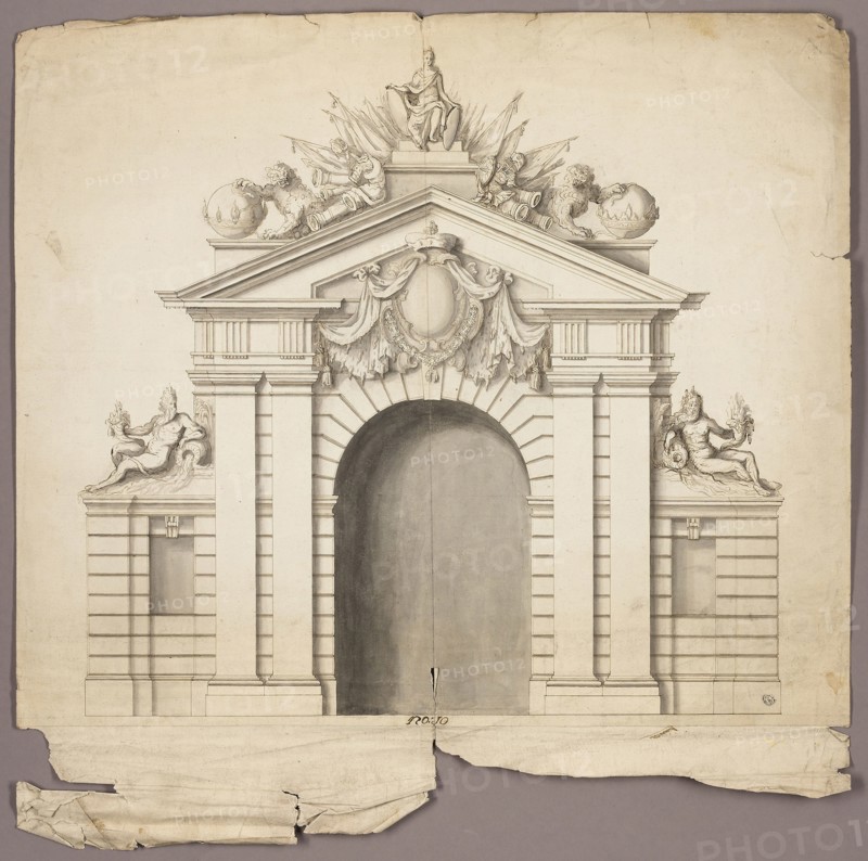 Triumphal Arch with Order of the Golden Fleece at Center, n.d., Unknown Artist, either German or Neopolitan, Germany, Pen and brown ink, and brush and gray wash, over traces of graphite, on ivory laid paper, pieced at the bottom, 586 × 602 mm