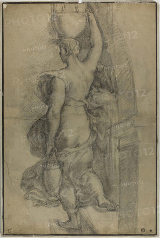 Woman Carrying Water Jar, 17th century, After Raffaello Sanzio, called Raphael, Italian, 1483-1520, Italy, Black chalk on tan laid paper, laid down on tan laid paper, 547 × 361 mm