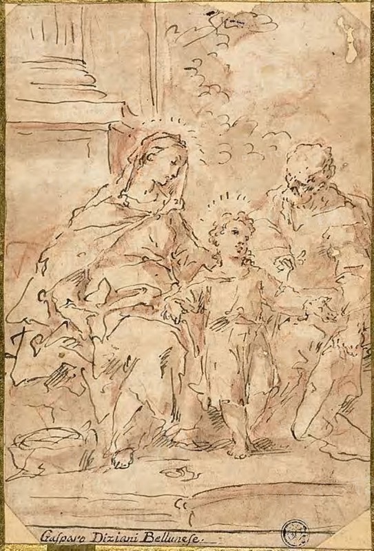 Holy Family, n.d., Gaspare Diziani, Italian, 1689-1767, Italy, Pen and brown ink, with brush and brown wash, over red chalk, on ivory laid paper, laid down on cream laid card, 197 x 132 mm