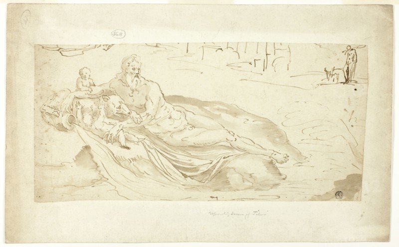River Tiber, with Romulus and Remus, n.d., probably Italian, Late 16th Century, Italy, Pen and brown ink with brush and brown wash, on ivory laid paper, laid down on ivory laid paper, 184 × 388 mm (max.)